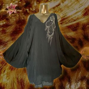 BCBGMaxAzria Black 100% Silk Beaded Batwing Top with Draped Sleeves